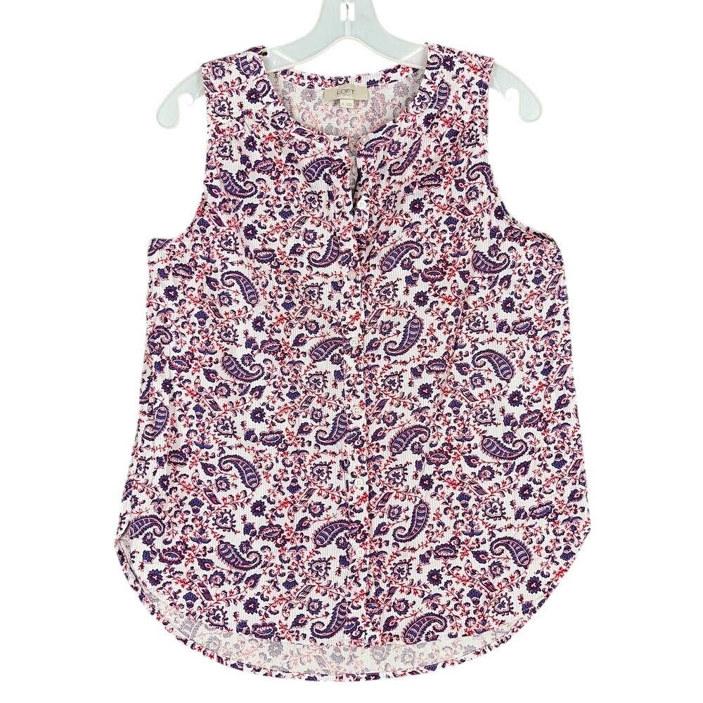 LOFT Shirt Womens Small Floral Red Sleeveless Button Up Scoop‎ Neck Cottagecore
